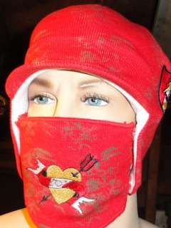 Ed Hardy Snow Canada Special Edition Bomber Cap w/ Facemask, Red, NWT 
