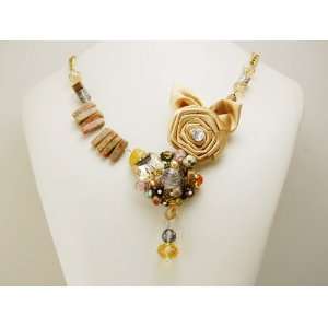 Bohemian Art Satin Rose Floral Beaded Clustered Stones Bead Abstract 