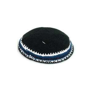   Kippah with White, Blue and Red Stripes and Design 