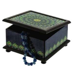  Peacock Design Hand Painted Reverse Glass and Wood Jewelry Box 