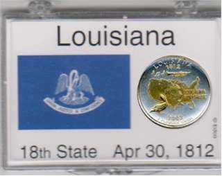 Gold on Silver Louisiana Statehood Quarter with State Flag Display 