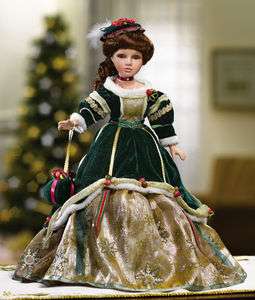   Victorian Porcelain Doll Melanie w Green Velvet & Gold Snowflake Gown