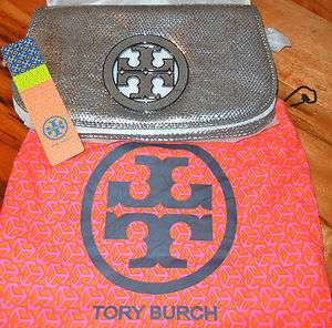 TORY BURCH METALLIC SNAKE LOGO CLUTCH SILVER NEW WITH DUST BAG FAST 