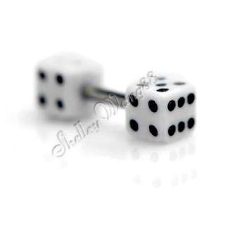   Earring Ear Stud Stainless Steel Fake Plug Dice Symbol 4mm cubic White
