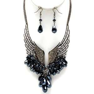   Dangling Blue Bead Etched Style Angel Wings Necklace Set Jewelry