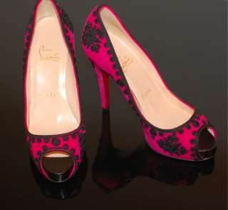 INSANE Christian Louboutin Pink Suede Black Embroidery Platform Heels 
