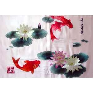 Chinese Hunan Silk Embroidery 3 Fish Koi Flower
