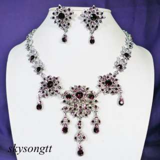   Amethyst Rhinestone Crystal Floral Dangler Necklace Earrings Set R008V