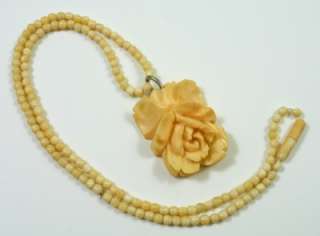 Vintage Faux Ivory Carved Rose Pendant Necklace 15L  