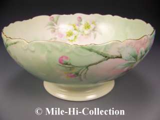 LIMOGES FRANCE HAND PAINTED APPLE BLOSSOMS PUNCH BOWL  
