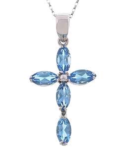 14k White Gold Marquise Blue Topaz Cross Necklace  