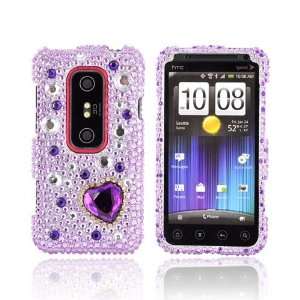 Hearts on Light Purple Silver Gems Bling Hard Plastic Case For HTC EVO 