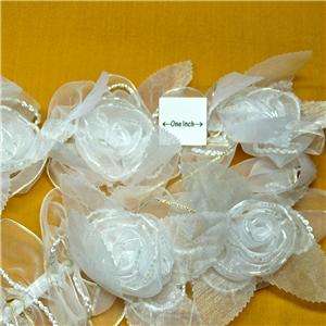 Luscious White Fabric Trim With 2 Organza Roses; 4 Wide Counting 