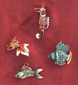 Victorian Cloisonne Christmas Tree Ornament   Seahorse & Fish Set