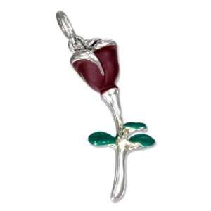    Sterling Silver Enamel 3D Long Stem Red Rose Charm.: Jewelry