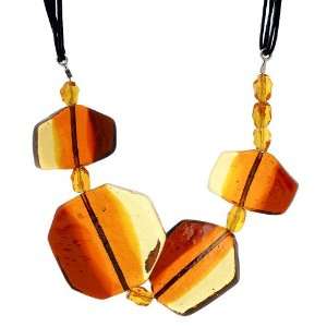   Amber Murano Glass Necklace with Black Leather Strands, 19.5 Jewelry