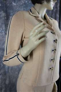 Women knit trim black camel pant suit jacket blazer St John Collection 