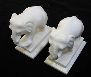 Pair Small Decorative White Marble Book Ends Paper Weights ELEPHANTS 