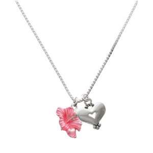  Hot Pink Hibiscus Flower and Silver Heart Charm Necklace 