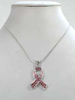 PINK CRYSTAL BREAST CANCER RIBBON PENDANT NECKLACE C578  