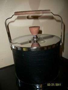 Vtg Atapco USA Black Faux Leather Chrome Ice Bucket  