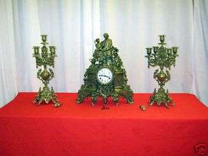Brass Figurine Clock & Matching Candelabras From Italy  