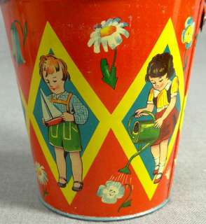   PAIL BUCKET LITHO TIN TOY~BOY GIRL BOAT TRUMPET WATERING CAN  