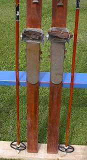 VINTAGE Wooden Skis 71 Long + Bamboo Poles ANTIQUE  