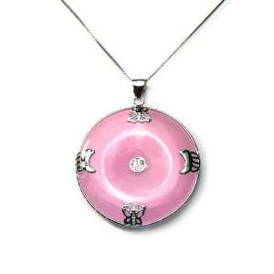   Silver Pink Chinese Jade Large Donut with Butterflies Pendant Jewelry