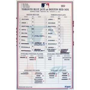 Blue Jays at Red Sox 8 21 2010 Game Used Lineup Card (MLB Auth 