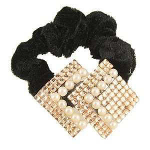   Gold Tone Faux Pearls Square Accent Black Elastic Hair Band: Beauty