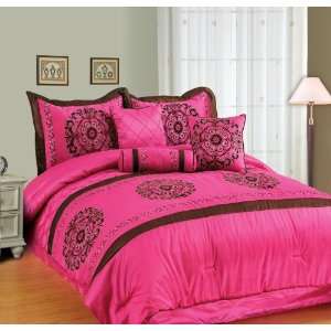  7Pcs Pink Flocking Comforter Set Bed in a Bag King: Home 