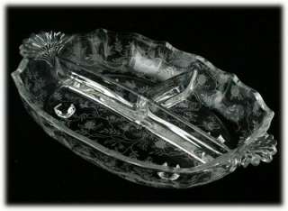   Etched Crystal 3 Part Relish Dish Elegant Glass 1940s Vintage  