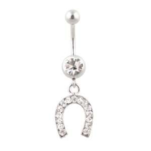  Dangle Lucky Horseshoe Belly Ring with CZ Stones: Jewelry
