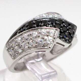 STYLISH BLACK CLEAR MICRO PAVE 925 STERLING SILVER RING SIZE 8  