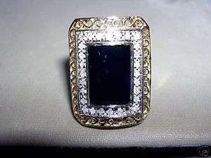 Fancy Blk Onyx Diamond Filigree YG Rectangle Ring 14KT  
