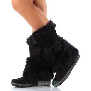   Paxton 13X Black Pom Pom Fur Mid Knee Flat Heel Boots 