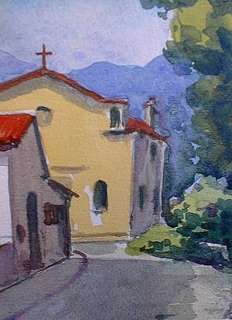 WATERCOLOR PAINTING SMALL FRENCH CHURCH AND TREE  
