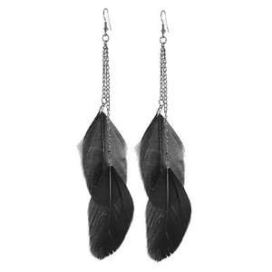   : Women Long Double Black Feather Pendant Fish Hook Earrings: Jewelry