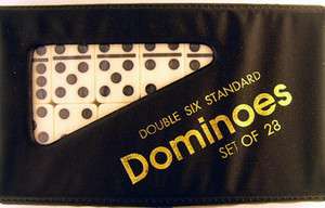 Double Six Standard Dominoes Set of 28 Black Case with White Tiles 