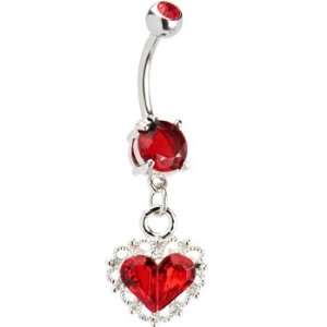 Ruby Red Gem Scalloped Heart Dangle Belly Ring