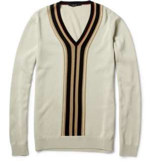    Knitwear  V necks  Striped Cotton Blend V Neck Sweater
