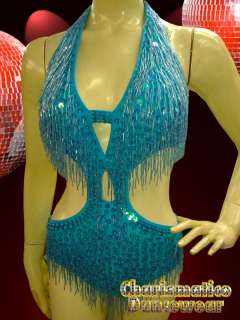   BLUE SALSA VEGAS EXOTIC BEADED dance BATCHATA LEOTARD DRESS  