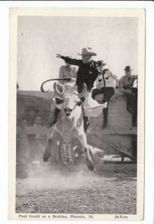 This vintage postcard shows Paul Gould bull riding Brahma in Phoenix 