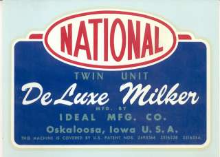   National Deluxe Milker Decal Ideal Mfg Company Oskaloosa IA 1954