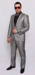   Suit Silver 1 Button Peak Lapel Sharkskin Fabric Slim Style Suit