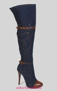 Hot Rocking Urban Over the Knee Thigh Boots Blue Denim  