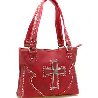Western Style Cross Sign Top Zip Tote Handbag Red  