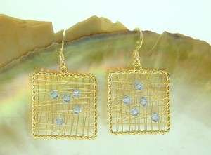   MADE 22K 24K Gold Vermeil Thai Wire Wrap Blue Crystal Earrings  