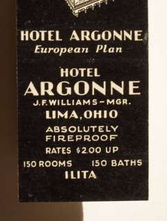 1940s Matchbook Hotel Argonne Williams Lima OH Allen Co  